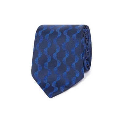 Blue semi circular striped slim blade tie